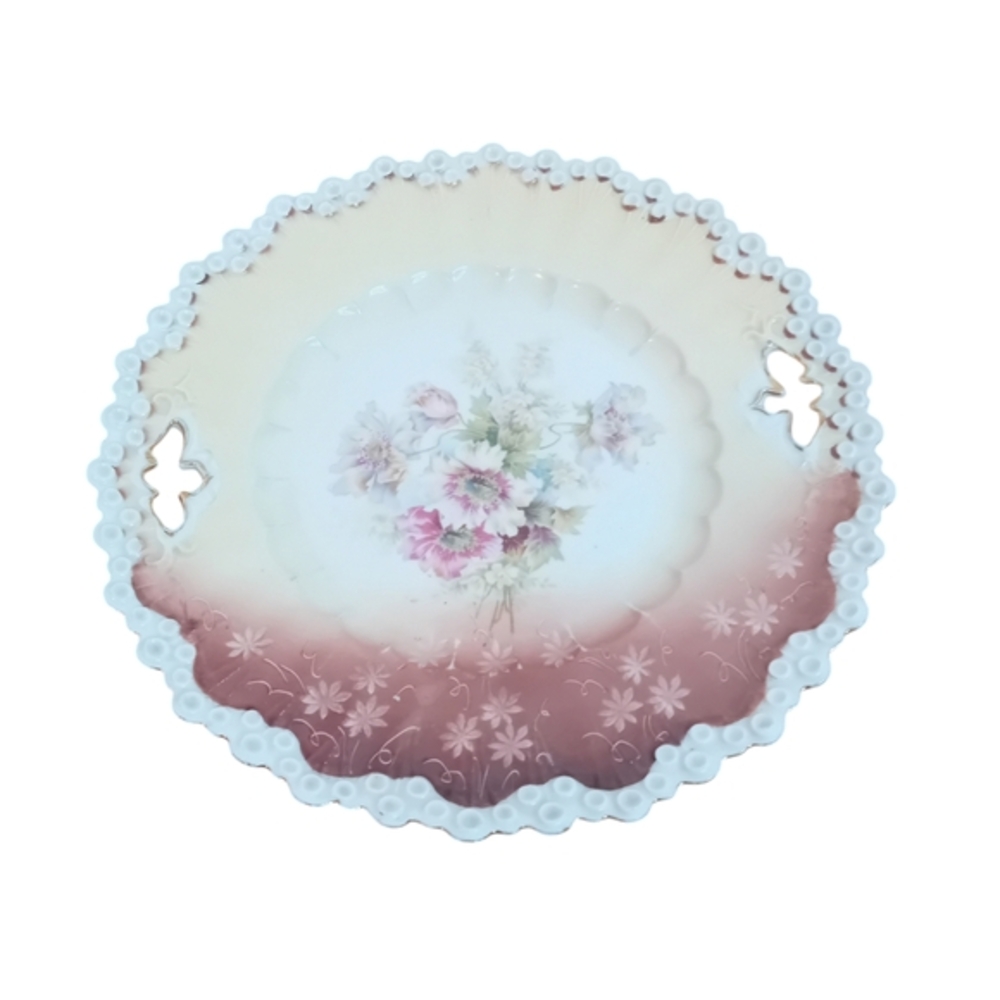 Antique Prussia Double Handled Handmade Pearl Inspired Collector Plate‎ Flowers